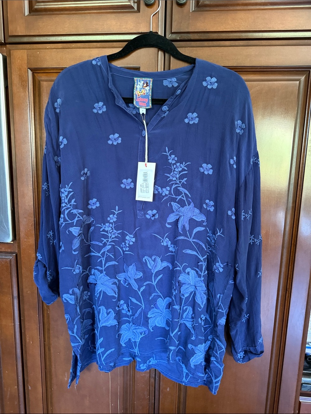 Johnny Was Deep Blue Embroidered Floral Blouse